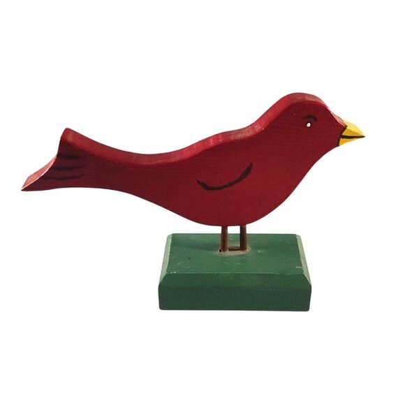 Handcrafted Wooden Red Cardinal Bird Figurine On Green Base 5 x 4" - Picture 1 of 8
